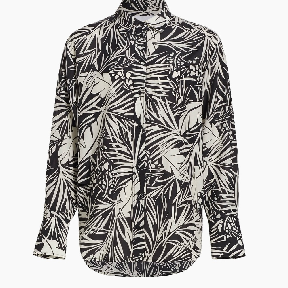 FRAME Denim | Cotton & Silk-Blend Blouse in Black & White Palm Print (Size L)